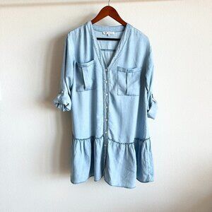 Cezele Chambray Light Blue Long Sleeve Button Down Ruffle Hem Mini Dress